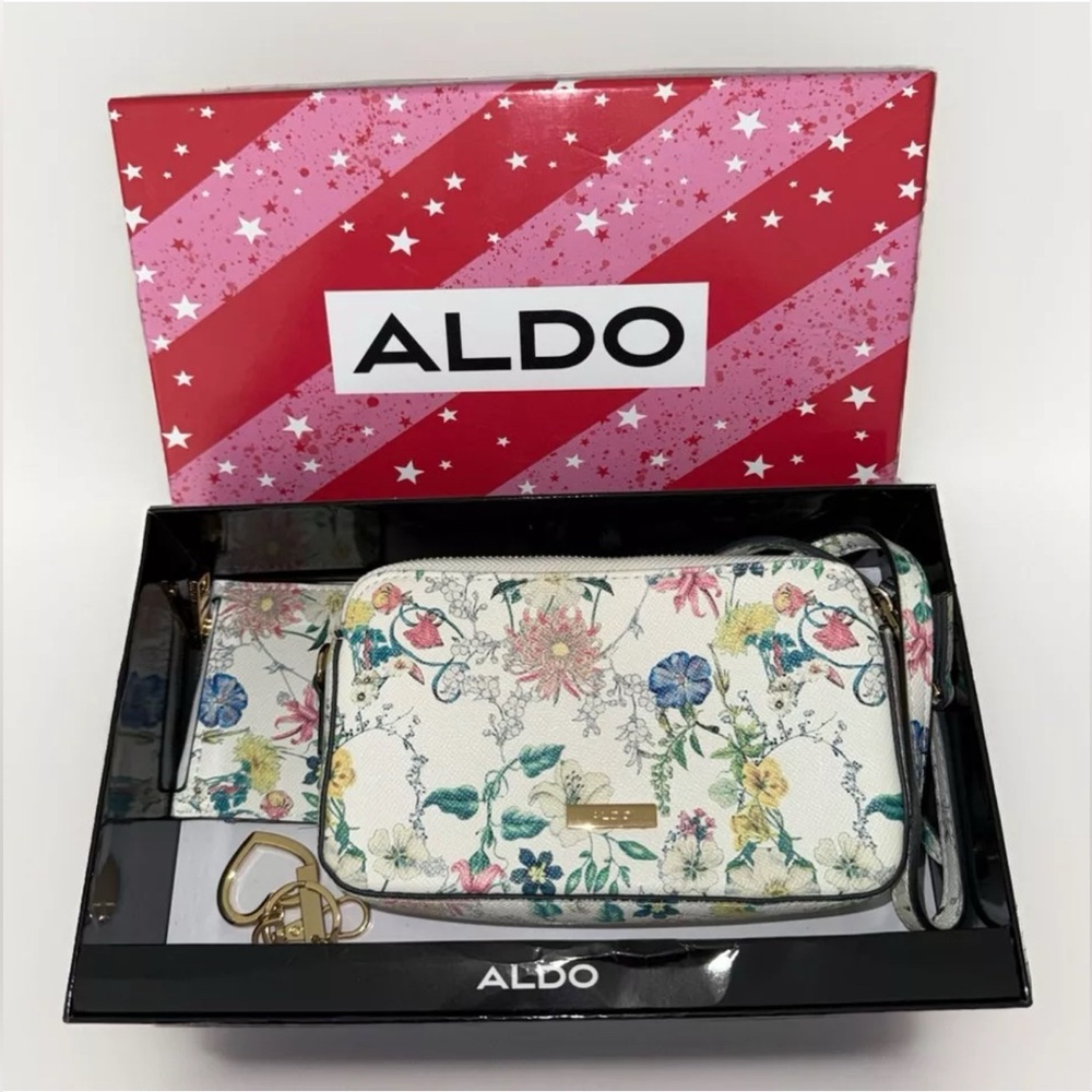 Aldo Floral Crossbody Strap 2 Side Purse Card Holder Keychain Gift Box Set